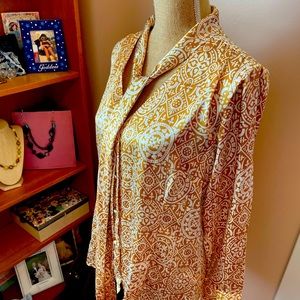 BCBGMaxazria Tan Cream Sateen Tie Neck Blouse